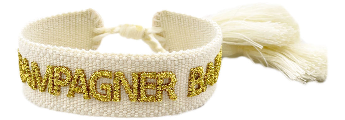 Canvas Statement Armband Champagner Baby Quasten besticktes Webarmband