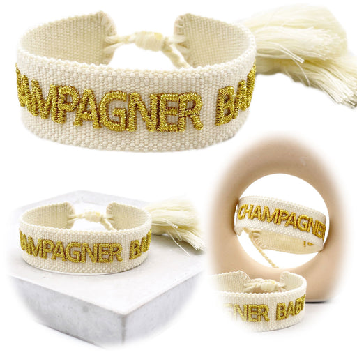Canvas Statement Armband Champagner Baby Quasten besticktes Webarmband