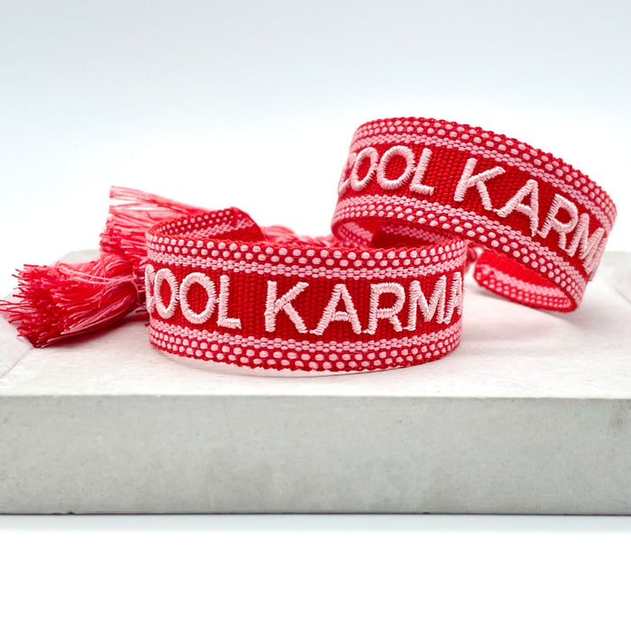Canvas Statement Armband Cool Karma Rot Quasten besticktes Webarmband