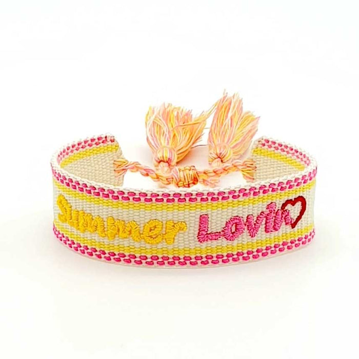 Canvas Statement Armband Summer Lovin Gelb Pink Quasten besticktes Webarmband