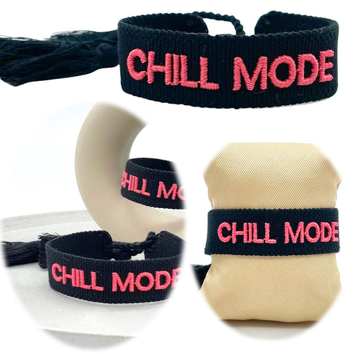 Canvas Statement Armband Chill Mode Schwarz Quasten besticktes Webarmband