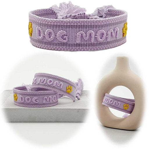 Canvas Statement Armband Dog Mom Lila Flieder Quasten besticktes Webarmband