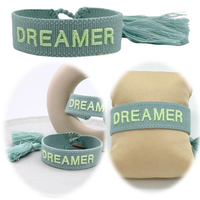 Canvas Statement Armband Dreamer Grün Salbei Quasten besticktes Webarmband