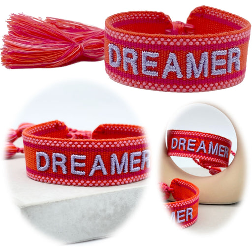 Canvas Statement Armband Dreamer Rot Grau Quasten besticktes Webarmband