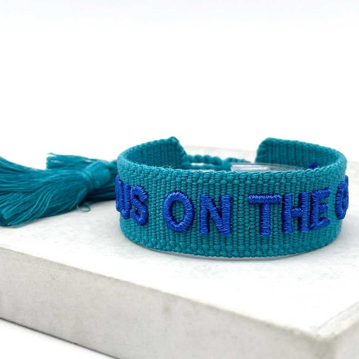 Canvas Statement Armband Focus on the Good Türkis Quasten besticktes Webarmband