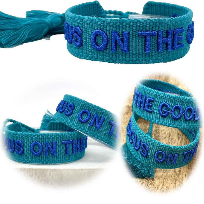 Canvas Statement Armband Focus on the Good Türkis Quasten besticktes Webarmband