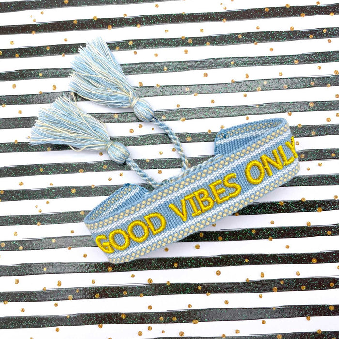 Canvas Statement Armband Good Vibes Blau Quasten besticktes Webarmband