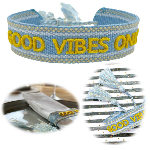 Canvas Statement Armband Good Vibes Blau Quasten besticktes Webarmband