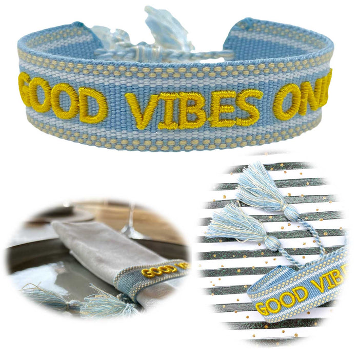 Canvas Statement Armband Good Vibes Blau Quasten besticktes Webarmband