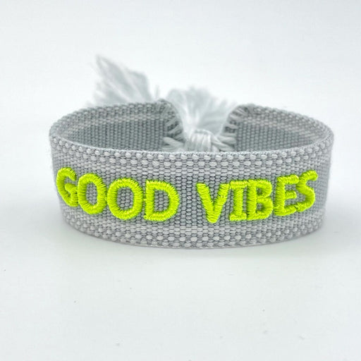 Canvas Statement Armband Good Vibes Grau Neon Grün Quasten besticktes Webarmband