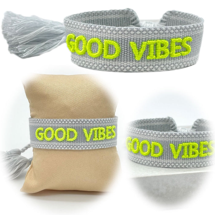 KI-generiertes Bild Canvas Statement Armband Good Vibes Grau Neon Grün Quasten besticktes Webarmband