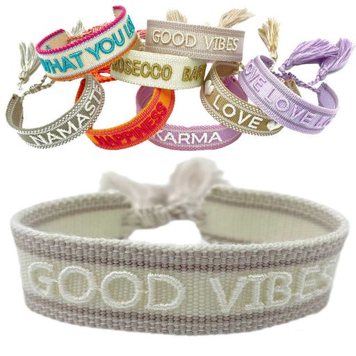 Canvas Statement Armband Good Vibes Beige Weiß Quasten besticktes Webarmband