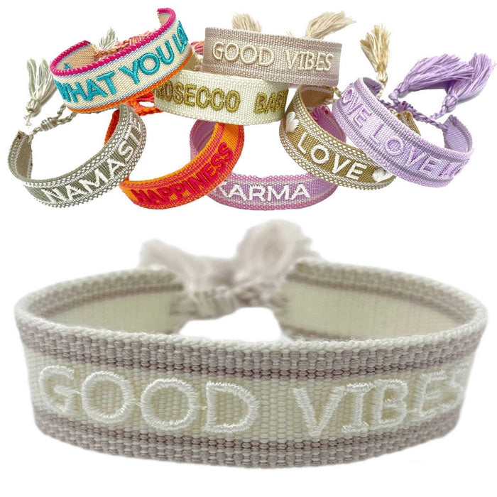 Canvas Statement Armband Good Vibes Beige Weiß Quasten besticktes Webarmband