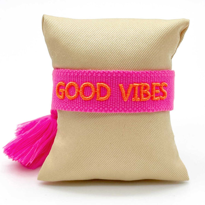 Canvas Statement Armband Good Vibes Neon Pink Orange Quasten besticktes Webarmband