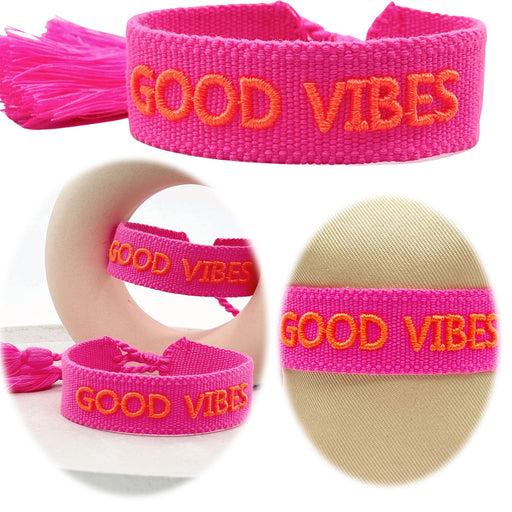 Canvas Statement Armband Good Vibes Neon Pink Orange Quasten besticktes Webarmband