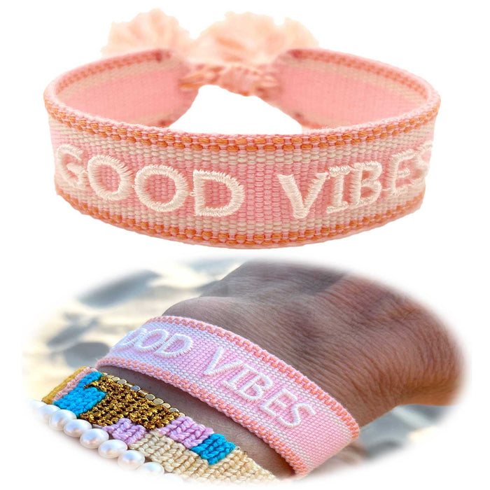Canvas Statement Armband Good Vibes Rosa Weiß Quasten besticktes Webarmband