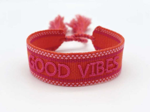Canvas Statement Armband Good Vibes Rot Quasten besticktes Webarmband