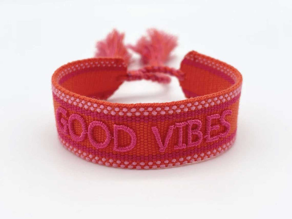 Canvas Statement Armband Good Vibes Rot Quasten besticktes Webarmband