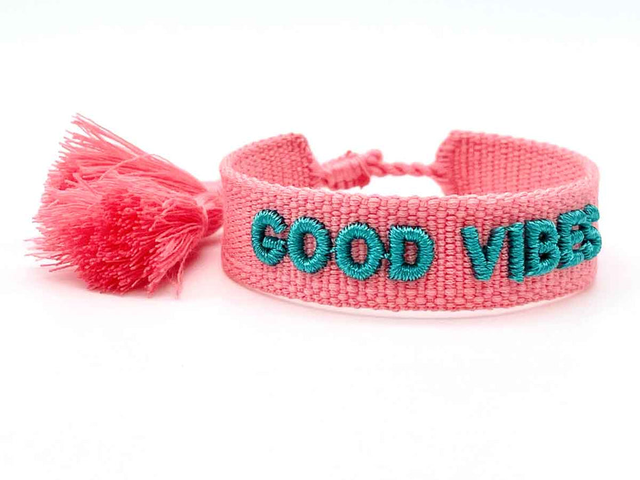 Canvas Statement Armband Good Vibes Small Rosa Pink Türkis Quasten besticktes Webarmband