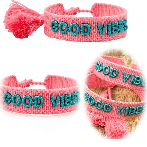 Canvas Statement Armband Good Vibes Small Rosa Pink Türkis Quasten besticktes Webarmband