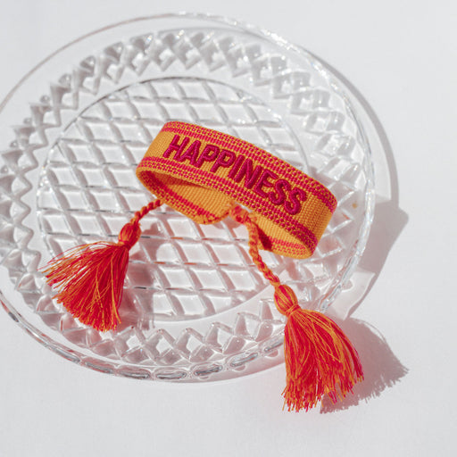 KI-generiertes Bild,Canvas Statement Armband Happiness Gelb Pink Quasten besticktes Webarmband