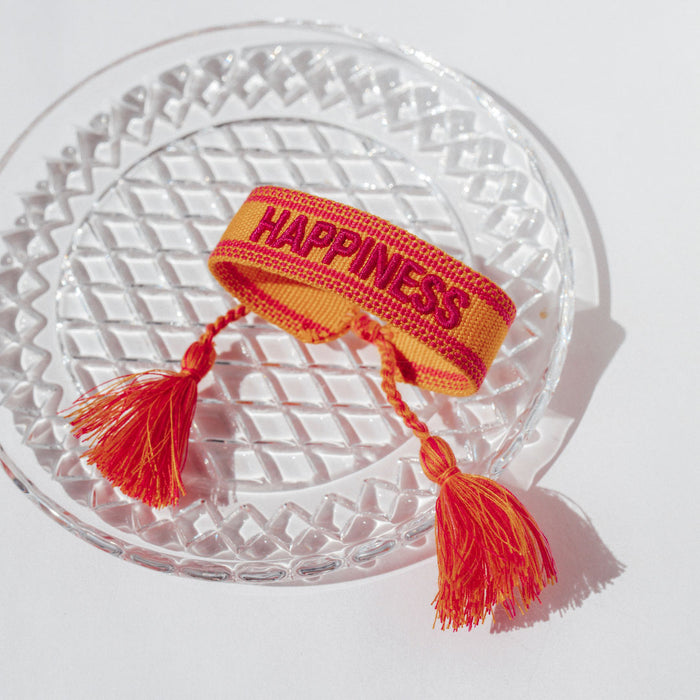 KI-generiertes Bild,Canvas Statement Armband Happiness Gelb Pink Quasten besticktes Webarmband