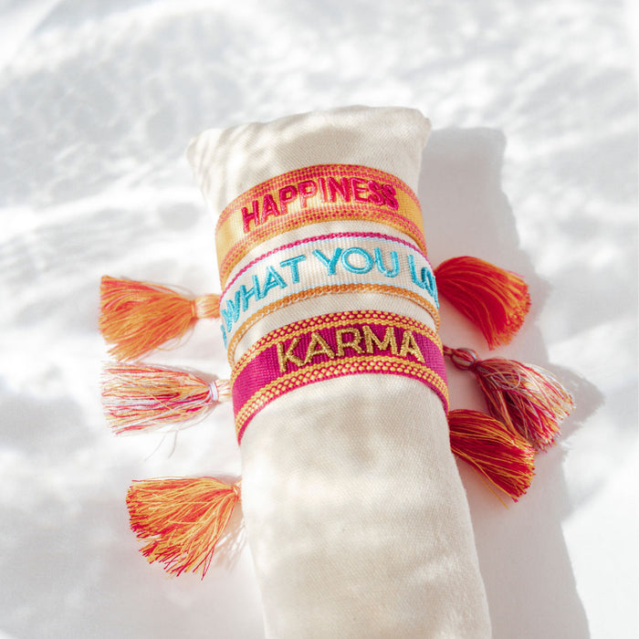 KI-generiertes Bild,Canvas Statement Armband Happiness Gelb Pink Quasten besticktes Webarmband
