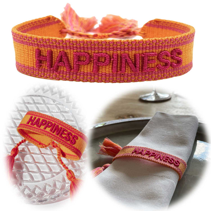 KI-generiertes Bild Canvas Statement Armband Happiness Gelb Pink Quasten besticktes Webarmband