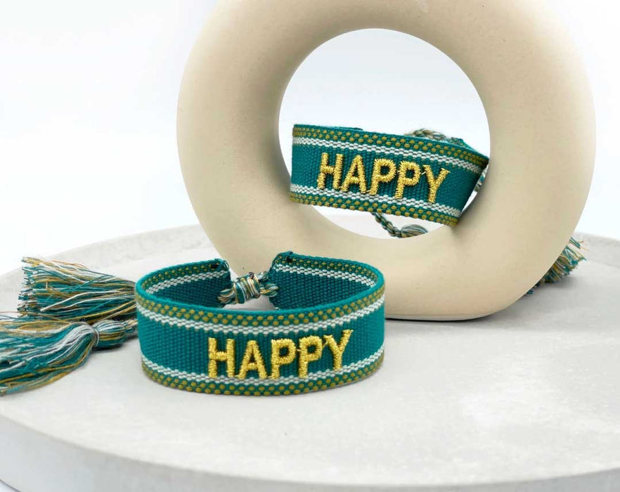 Canvas Statement Armband Happy Petrol Grün Gold Quasten besticktes Webarmband