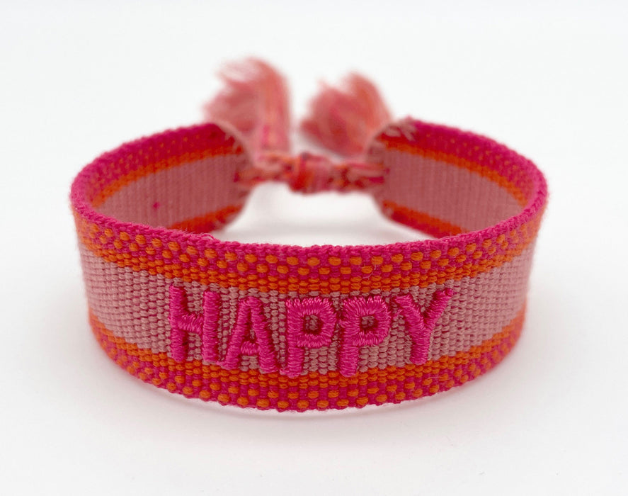 Canvas Statement Armband Happy Rot Pink Quasten besticktes Webarmband