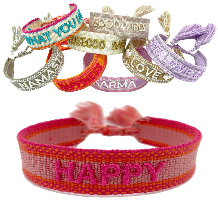 KI-generiertes Bild Canvas Statement Armband Happy Rot Pink Quasten besticktes Webarmband