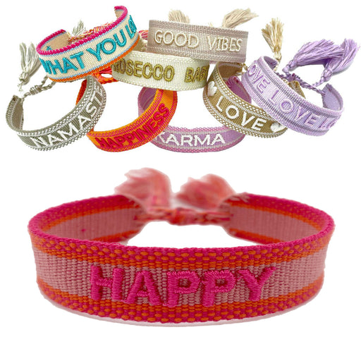 Canvas Statement Armband Happy Rot Pink Quasten besticktes Webarmband