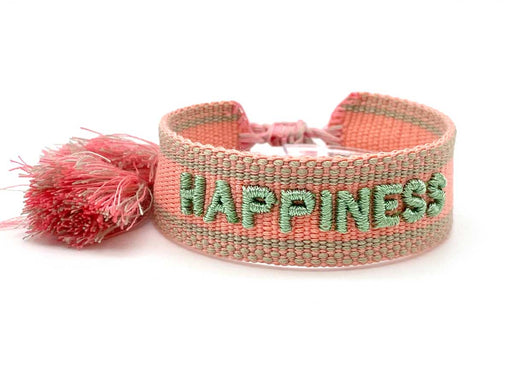 Canvas Statement Armband Happiness Lachs Sage Grün Quasten besticktes Webarmband