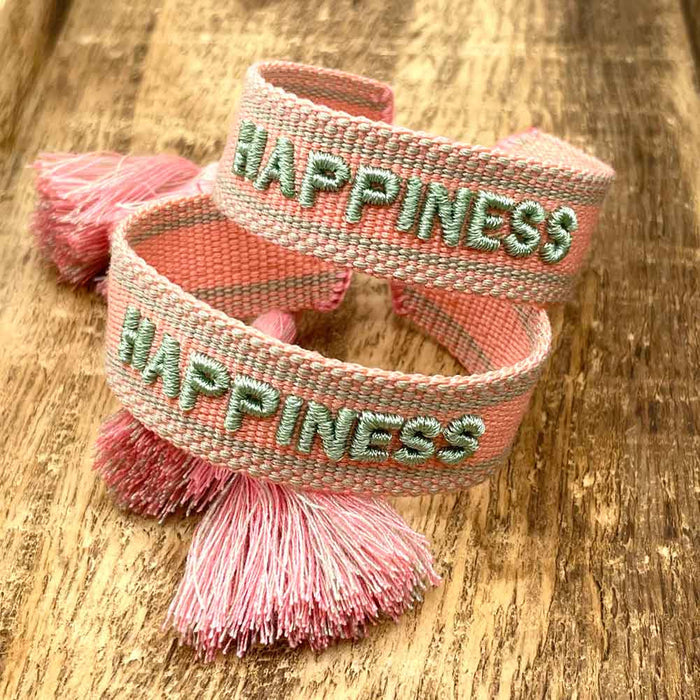 Canvas Statement Armband Happiness Lachs Sage Grün Quasten besticktes Webarmband