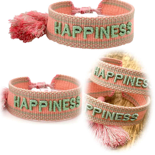 Canvas Statement Armband Happiness Lachs Sage Grün Quasten besticktes Webarmband
