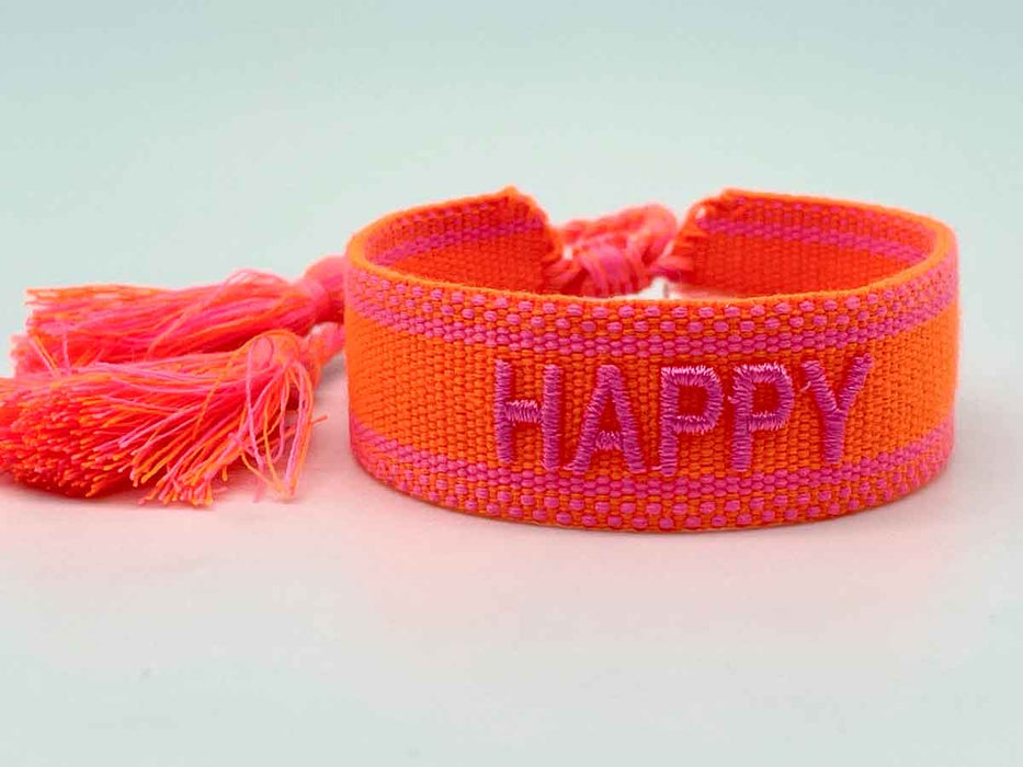 Canvas Statement Armband Happy Neon Orange Pink Quasten besticktes Webarmband