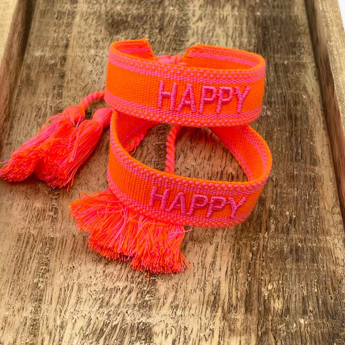 Canvas Statement Armband Happy Neon Orange Pink Quasten besticktes Webarmband