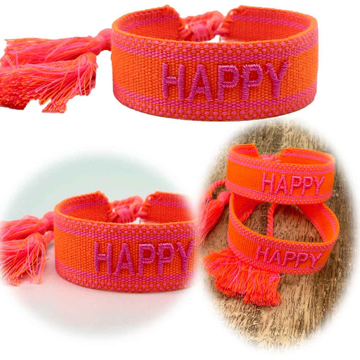 Canvas Statement Armband Happy Neon Orange Pink Quasten besticktes Webarmband