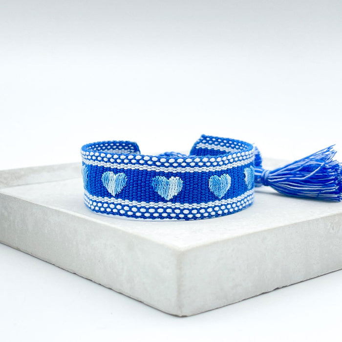 Canvas Statement Armband ❤️ Herzen ❤️ Blau Weiß Quasten besticktes Webarmband