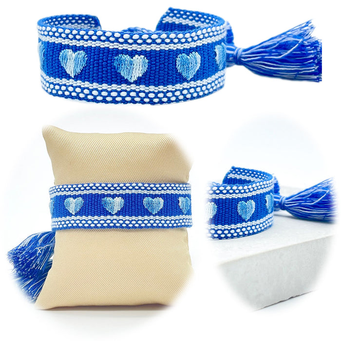 Canvas Statement Armband ❤️ Herzen ❤️ Blau Weiß Quasten besticktes Webarmband