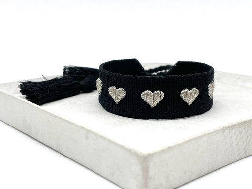 Canvas Statement Armband Herzen ❤️ Schwarz Silber Quasten besticktes Webarmband