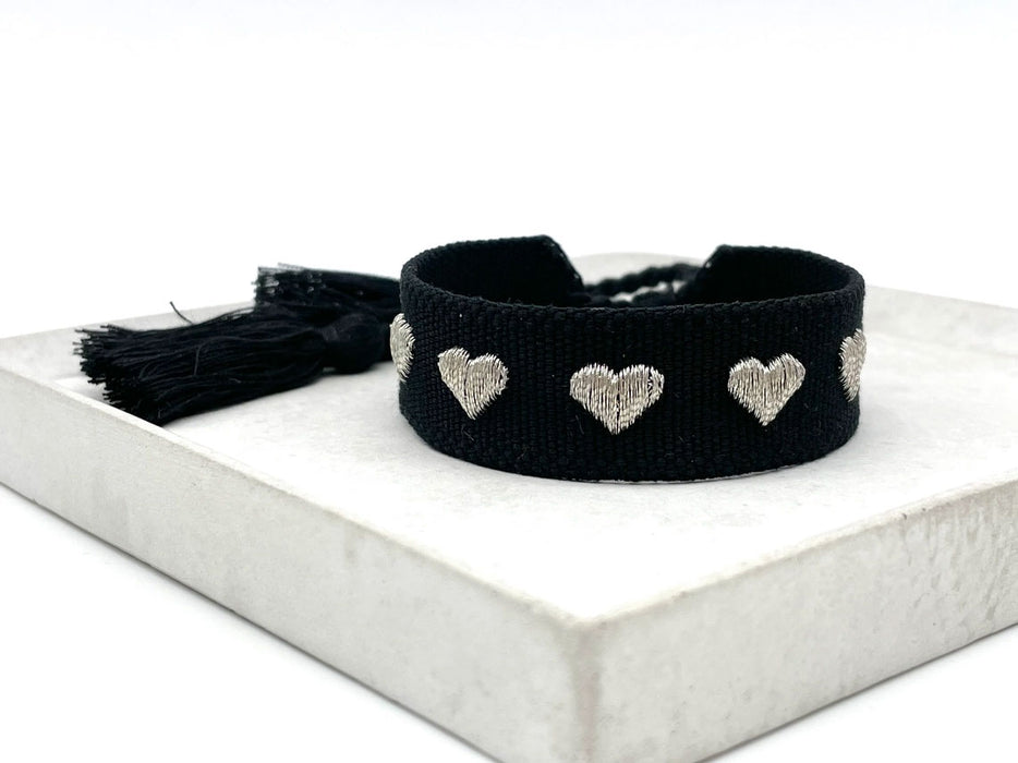 Canvas Statement Armband Herzen ❤️ Schwarz Silber Quasten besticktes Webarmband