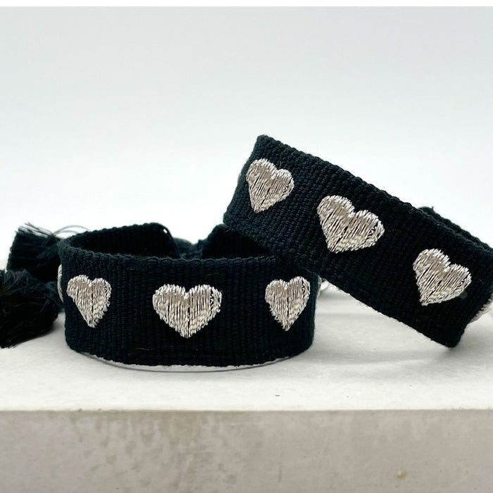 Canvas Statement Armband Herzen ❤️ Schwarz Silber Quasten besticktes Webarmband