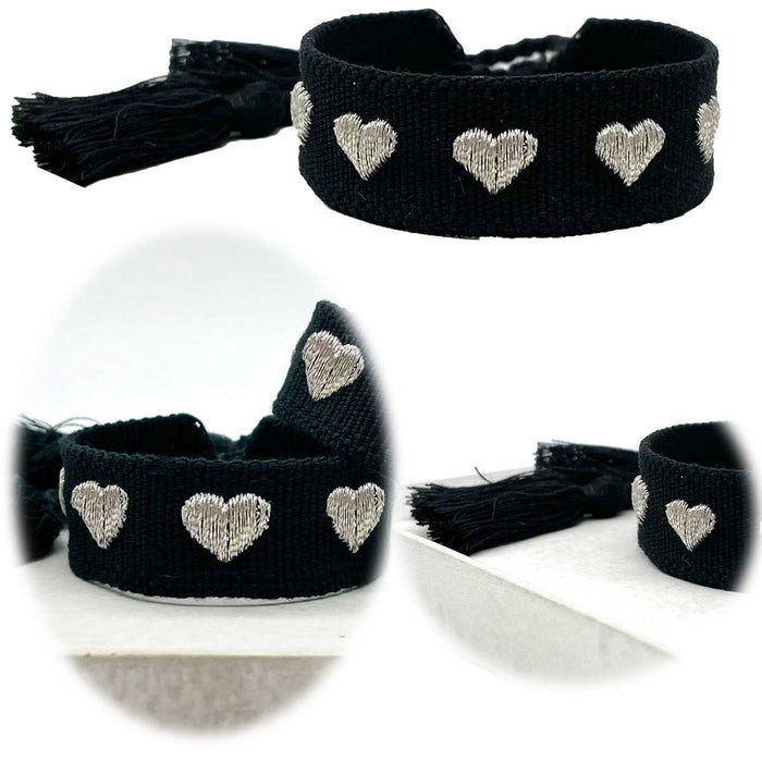 Canvas Statement Armband Herzen ❤️ Schwarz Silber Quasten besticktes Webarmband