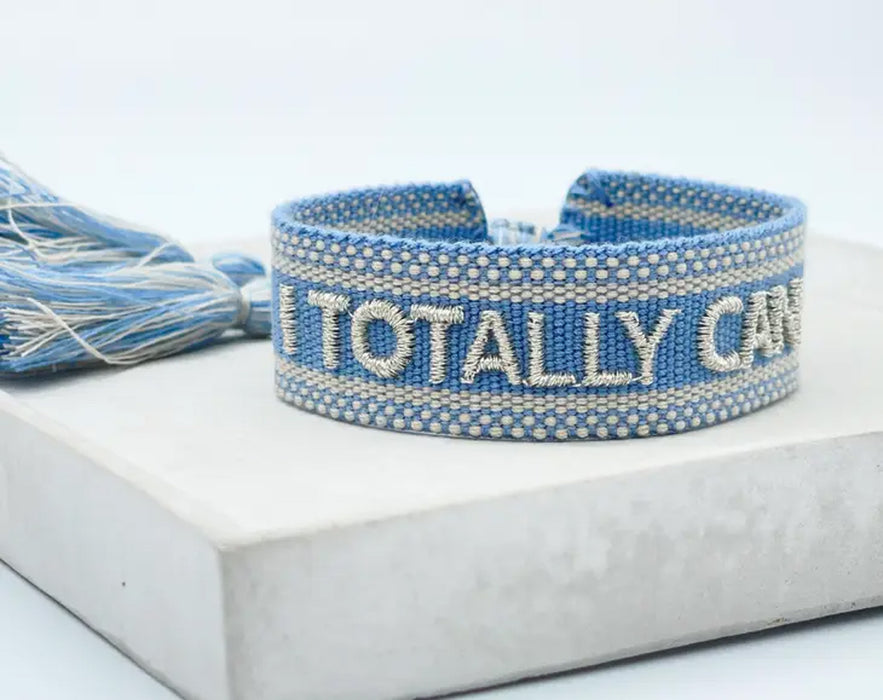 Canvas Statement Armband Totally Can Blau Silber Quasten besticktes Webarmband