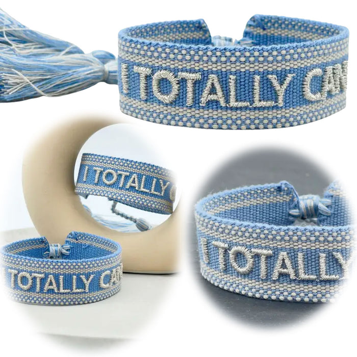 Canvas Statement Armband Totally Can Blau Silber Quasten besticktes Webarmband