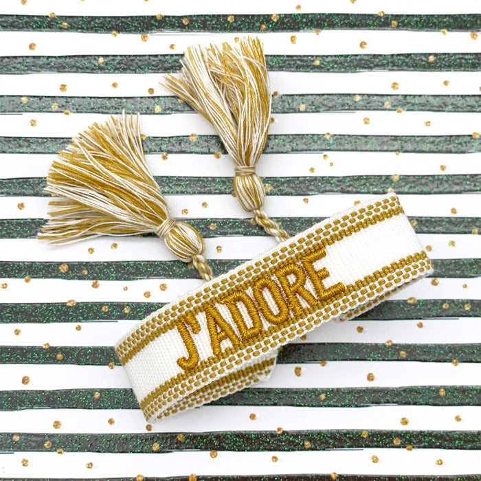 Canvas Statement Armband J'ADORE Gold Quasten besticktes Webarmband
