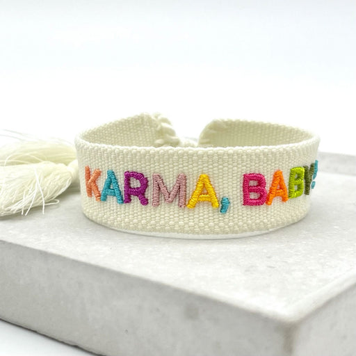 Canvas Statement Armband Karma Baby Multi Bunt Quasten besticktes Webarmband