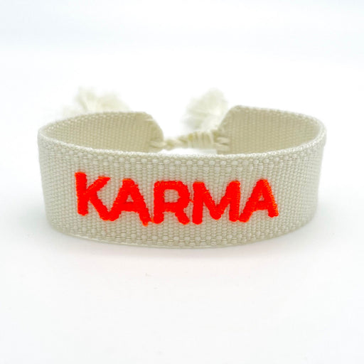 Canvas Statement Armband Karma Beige Neon Quasten besticktes Webarmband