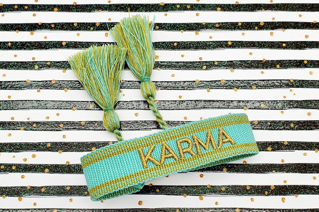 Canvas Statement Armband Karma Türkis Gold Quasten besticktes Webarmband